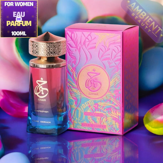 Paris Corner Khair Confection perfume bottle and packaging with colorful background