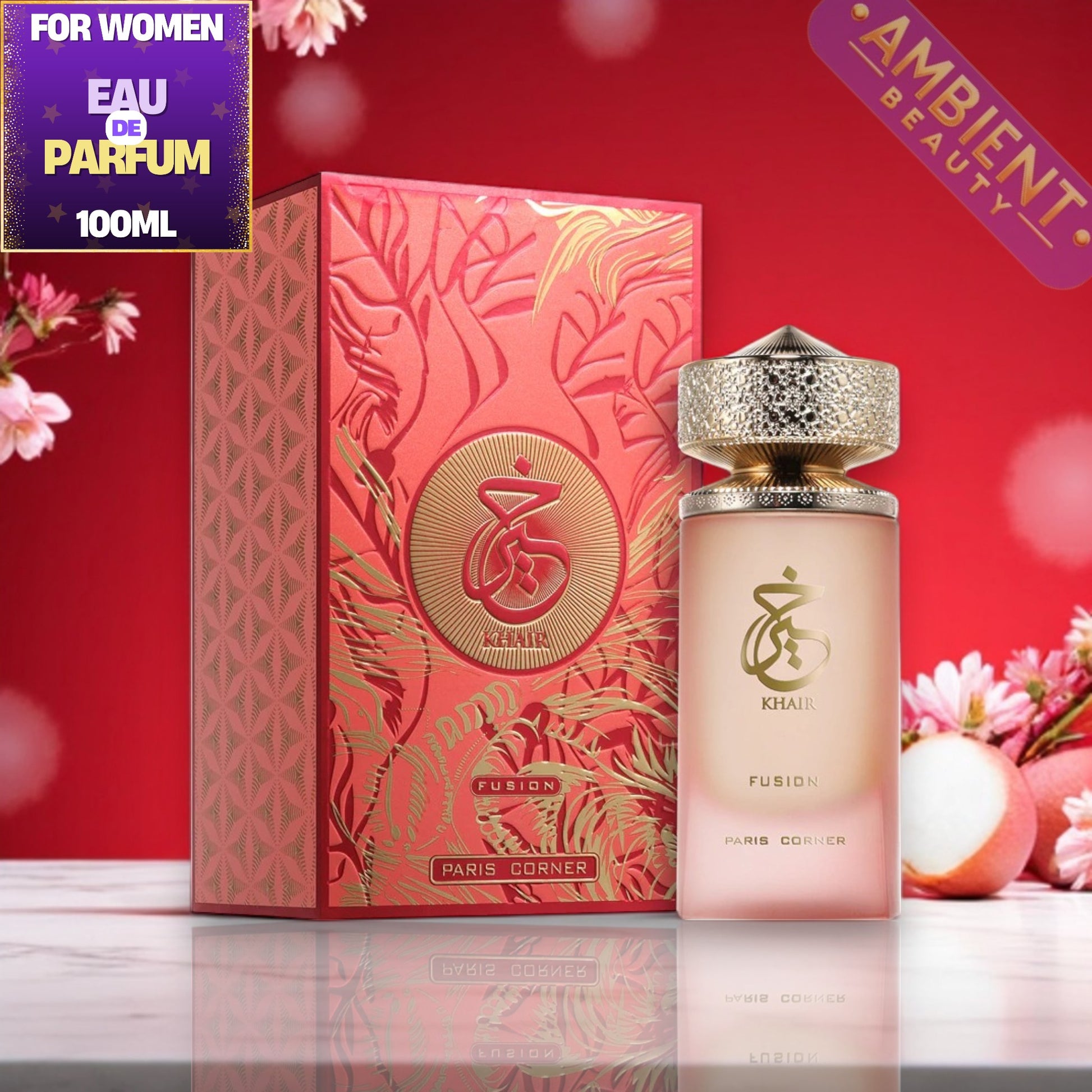 Paris Corner Khair Fusion perfume bottle and packaging with floral elements on a red background