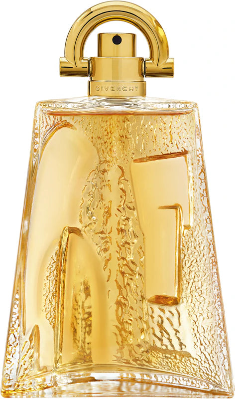 Gold perfume bottle with intricate design on a white background