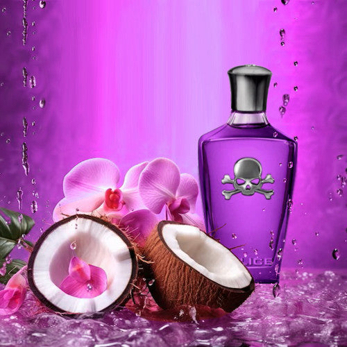 Purple perfume bottle with skull design, coconuts, and pink orchids on a purple background