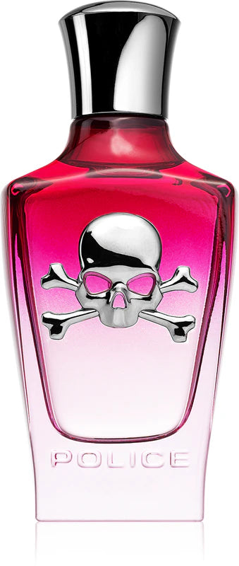 Pink police perfume bottle with skull design on a white background