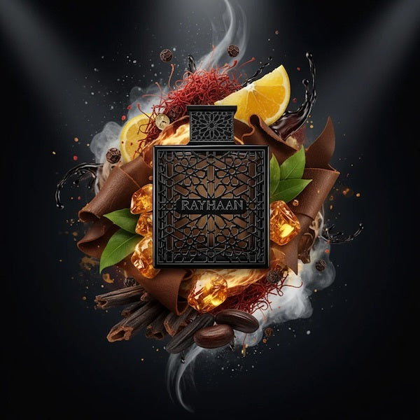 Black perfume bottle with intricate design surrounded by spices and herbs on a dark background