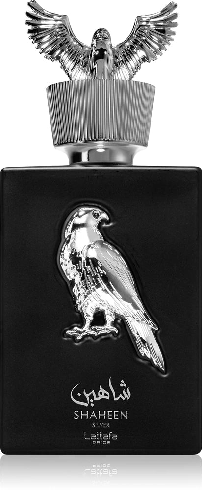 Lattafa Shaheen Silver Perfume bottle with falcon design and 'Shahen' branding on a black background
