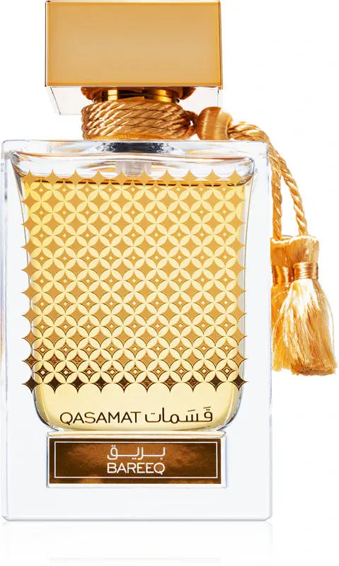 Bareeq Qasamat perfume bottle with gold design and tassel on a white background