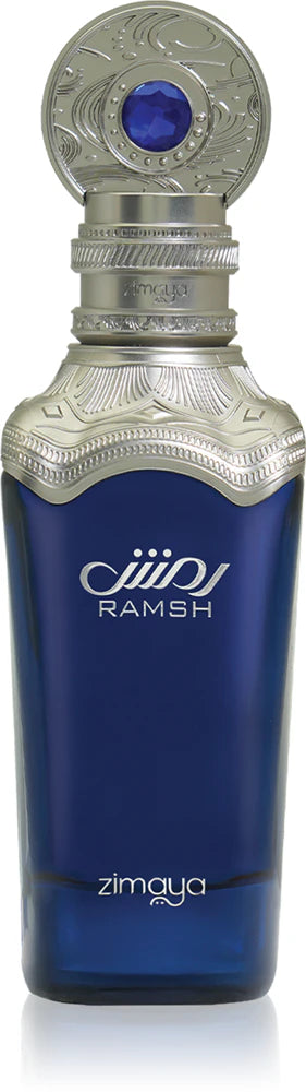 Zimaya Ramsh Imperium Blue perfume bottle with silver cap and 'zimaya' branding on a white background