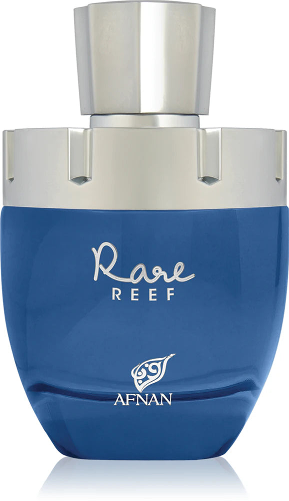 Blue perfume bottle with silver cap labeled 'Rare Reef' by Afnan on a white background