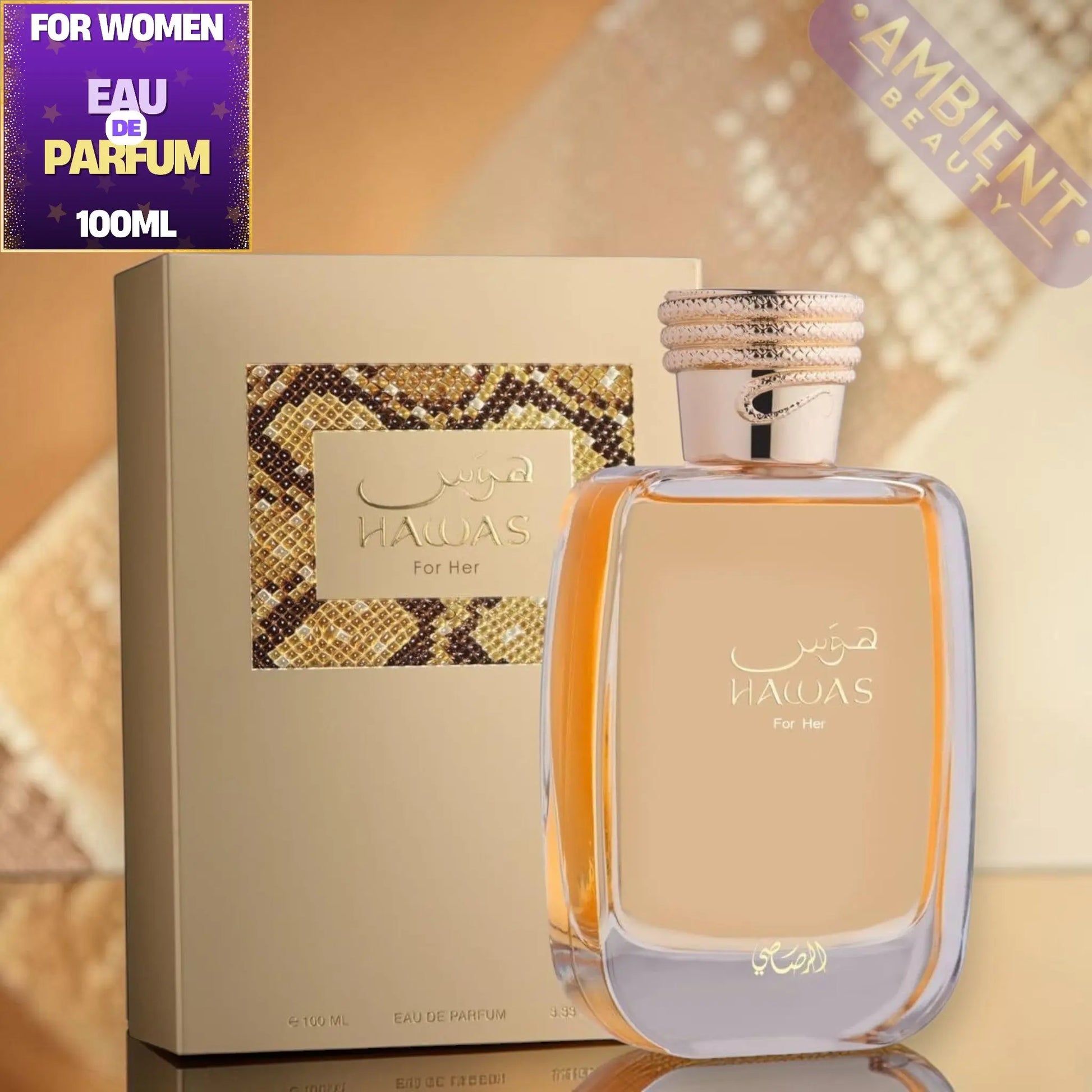 HAWAS perfume bottle and packaging on a reflective surface with a blurred background