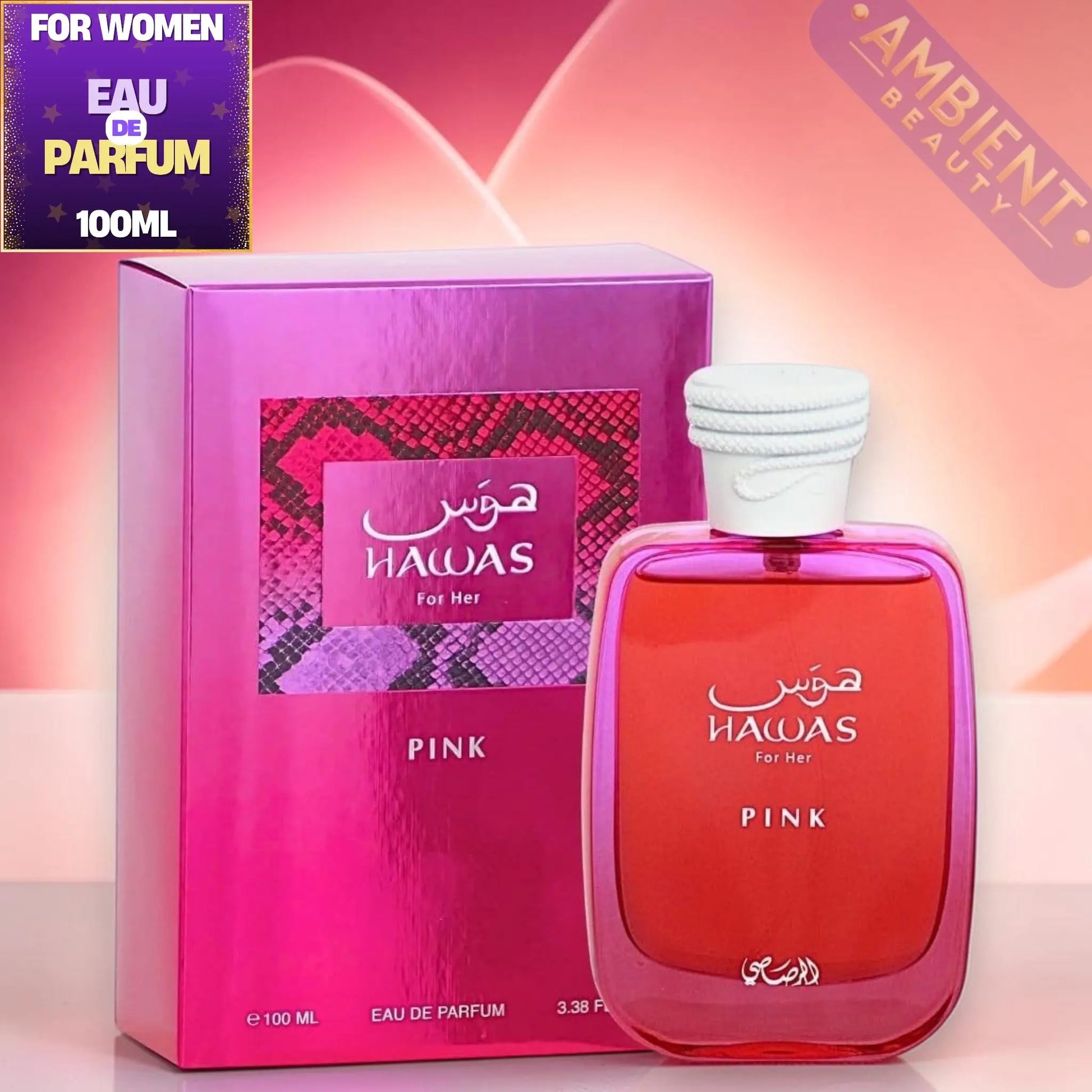 Hawas Pink perfume bottle and packaging on a pink background