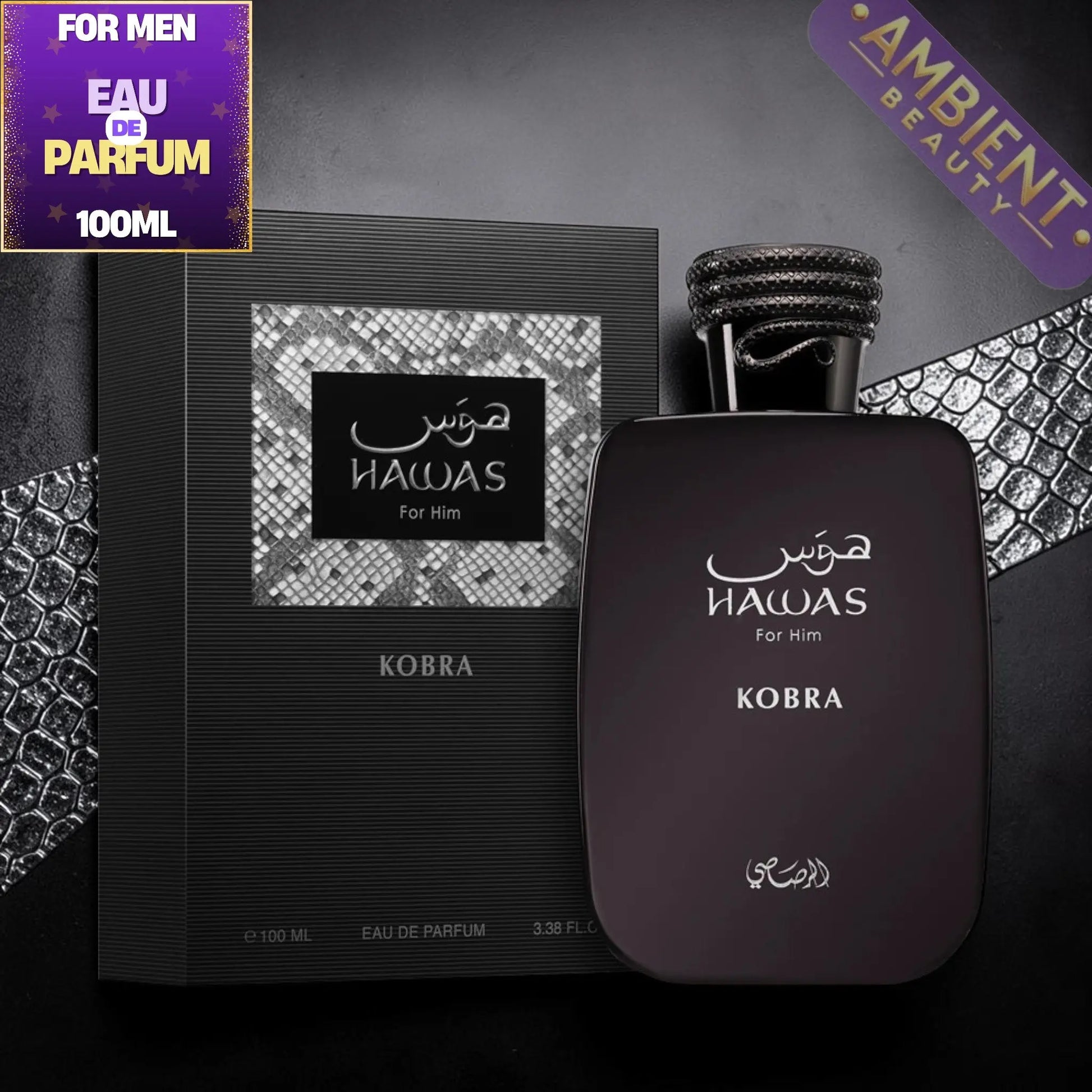 Hawas Kobra perfume bottle and packaging on a dark background