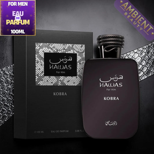 Hawas Kobra perfume bottle and packaging on a dark background