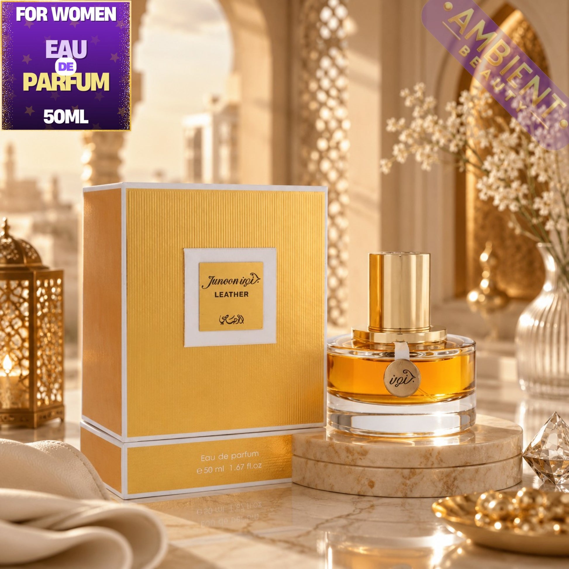 Jumona Leather Eau de Parfum 50ml bottle and its matching gold box, styled on a marble pedestal with warm, luxurious background decor.
