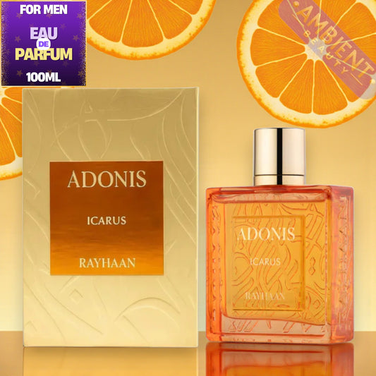 Adonis Icarus Rayhaan perfume bottle and packaging with orange slices on a yellow background