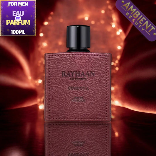 Rayhaan Cordova Eau de Parfum bottle with a textured reddish-brown leather-like finish and a black cap, set against a warm glowing orange and red background with promotional badges.