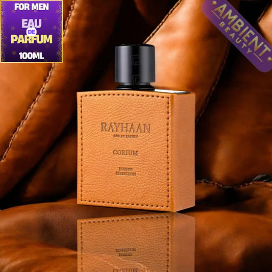 Brown leather-textured perfume bottle with 'Rayhaan' branding on a brown leather background.