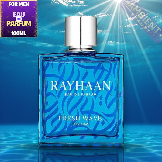 Rayhaan Fresh Wave Blue perfume bottle with 'Rayhaan' branding on a blue background