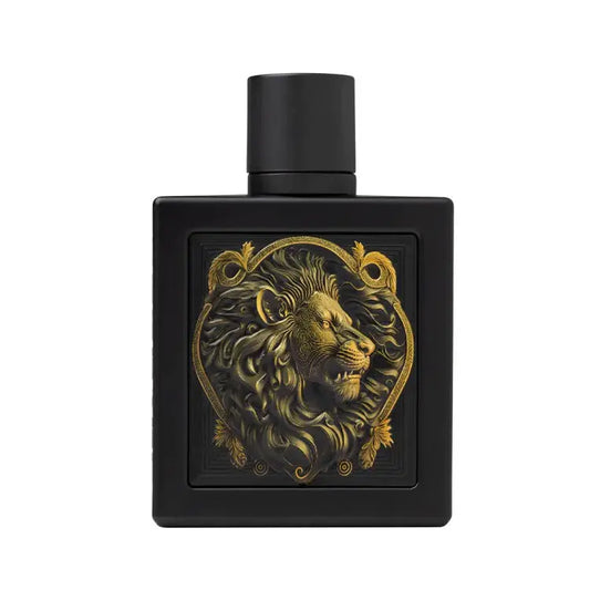Black perfume bottle with gold lion design on a white background