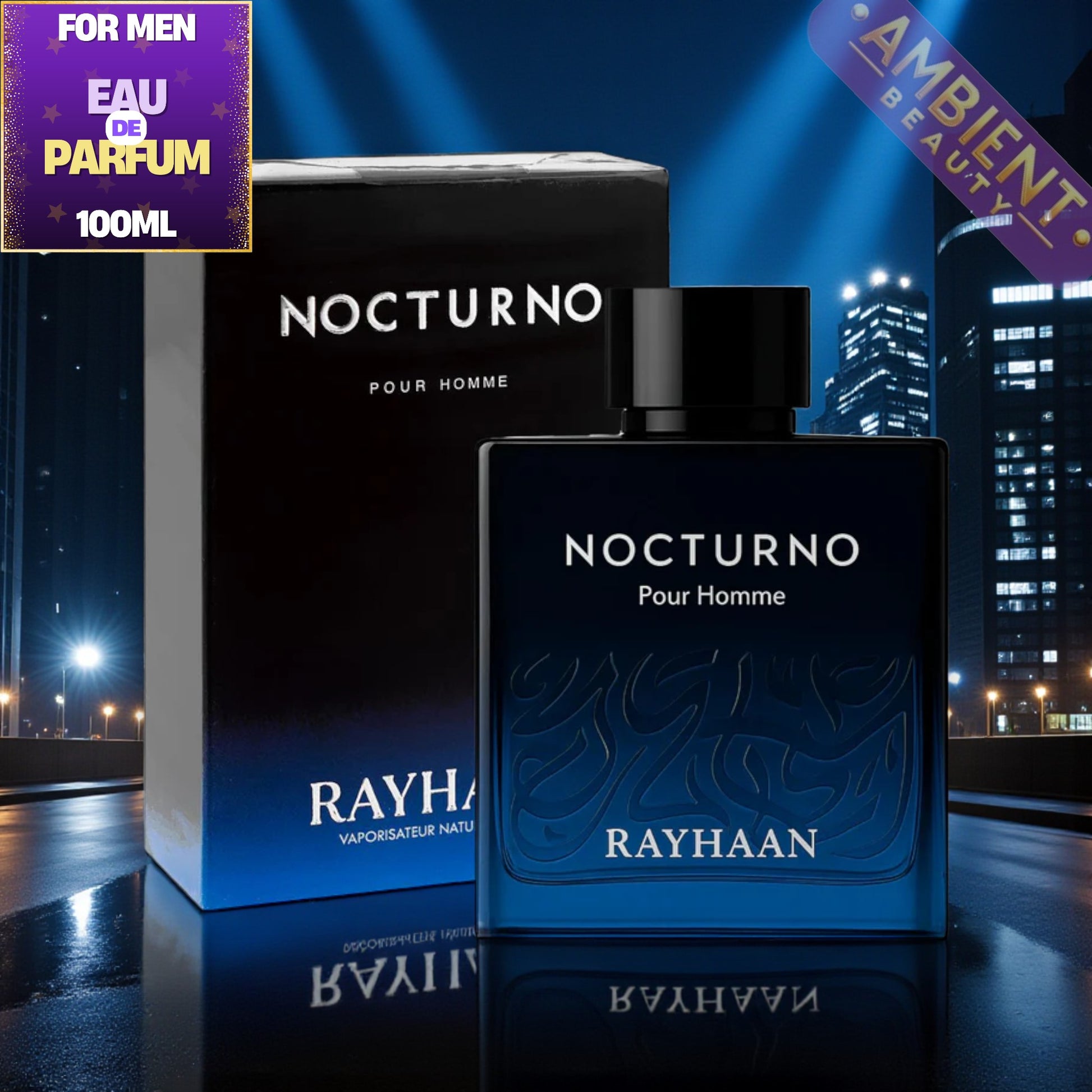 Rayhaan Nocturno Pour Homme perfume bottle and packaging with a cityscape background