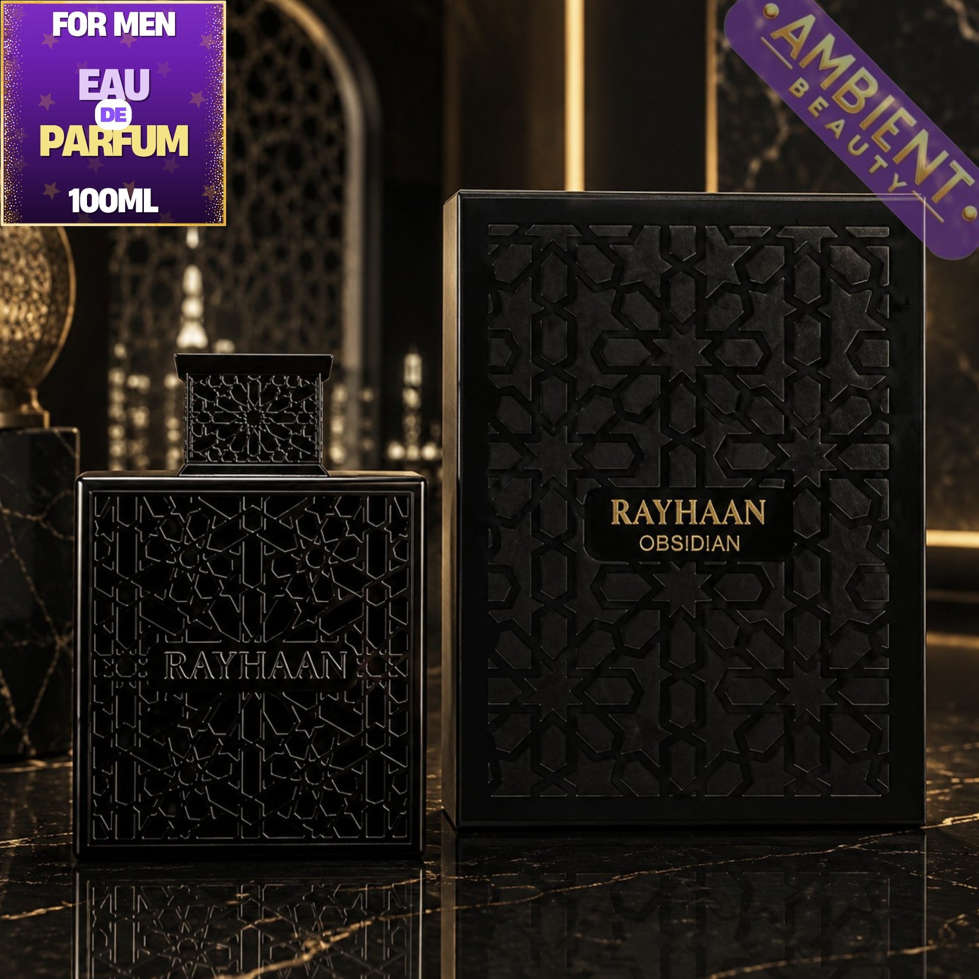 Black perfume bottle and packaging with 'Rayhaan Obsidian' on a dark background