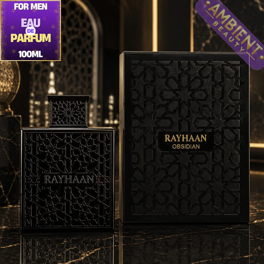 Black perfume bottle and packaging with 'Rayhaan Obsidian' on a dark background