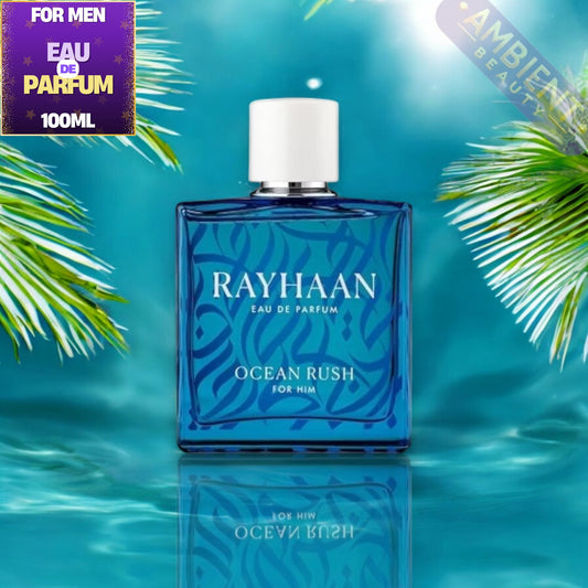 Blue perfume bottle labeled 'Rayhaan Ocean Rush' on a blue background with palm leaves.
