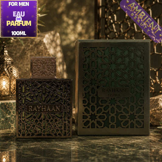 Rayhaan Terra perfume bottle with intricate patterns on a reflective surface, with 'Ambient Beauty' branding visible.