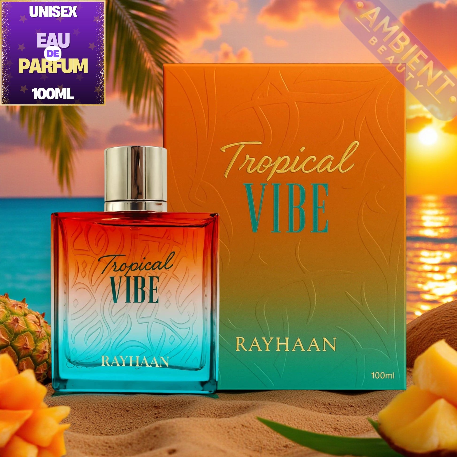 Rayhaan Tropical Vibe perfume bottle and packaging with beach scenery