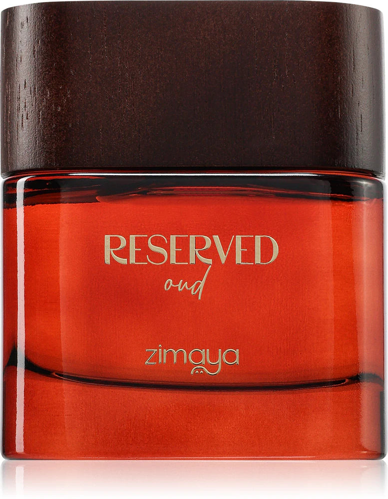 Red jar with a brown lid labeled 'Reserved oud' by zimaya on a white background