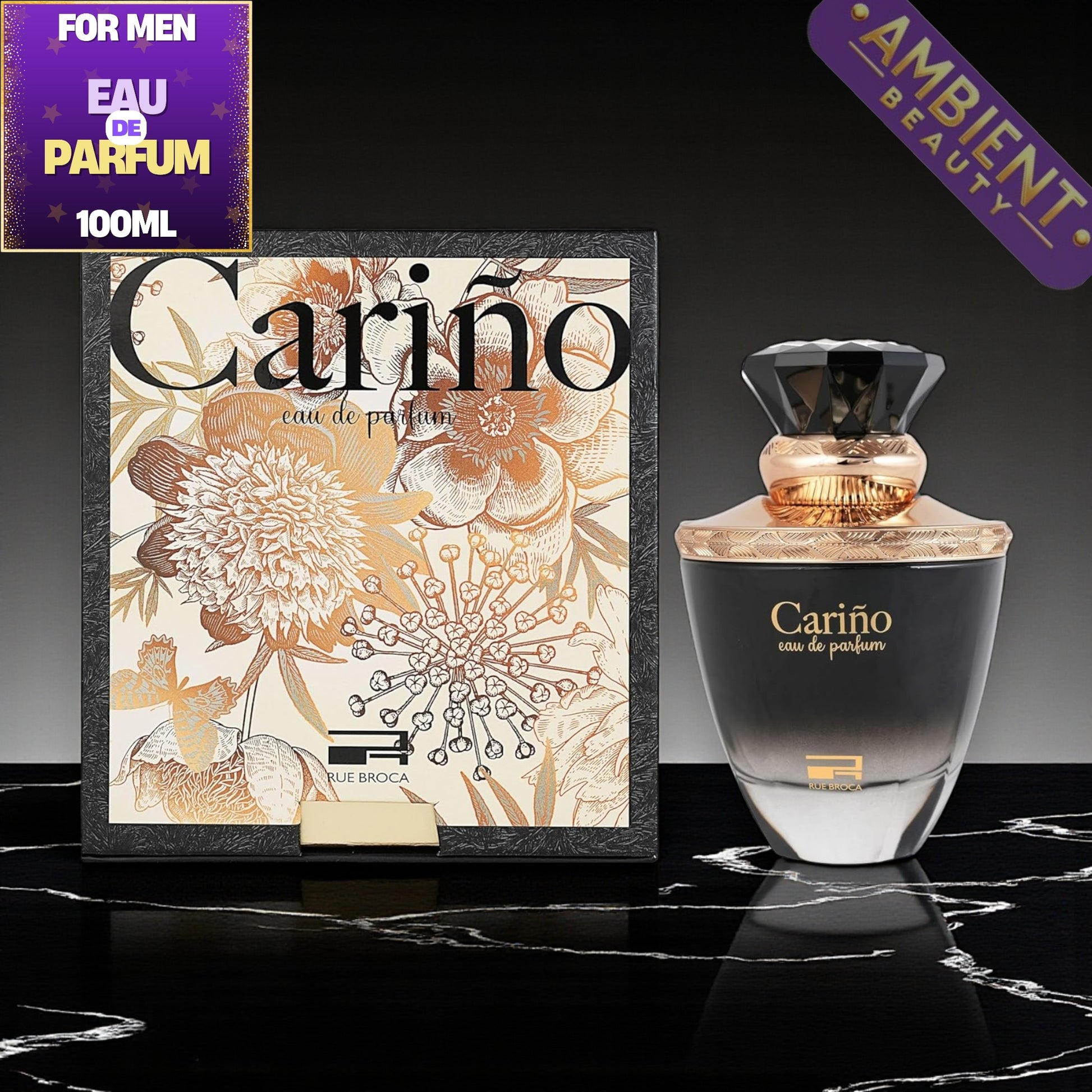 Rue broca Carino eau de parfum bottle and packaging on a reflective surface with 'Ambient Beauty' branding.