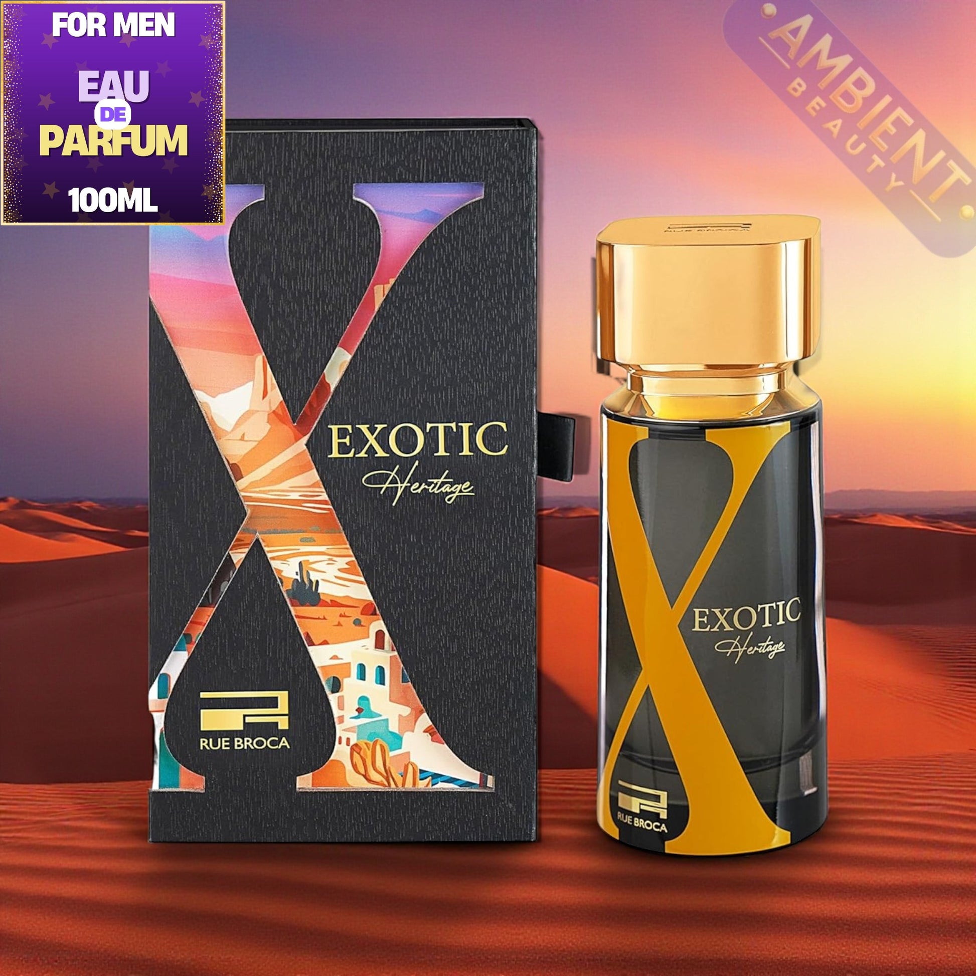 Exotic Heritage perfume bottle and packaging with desert background