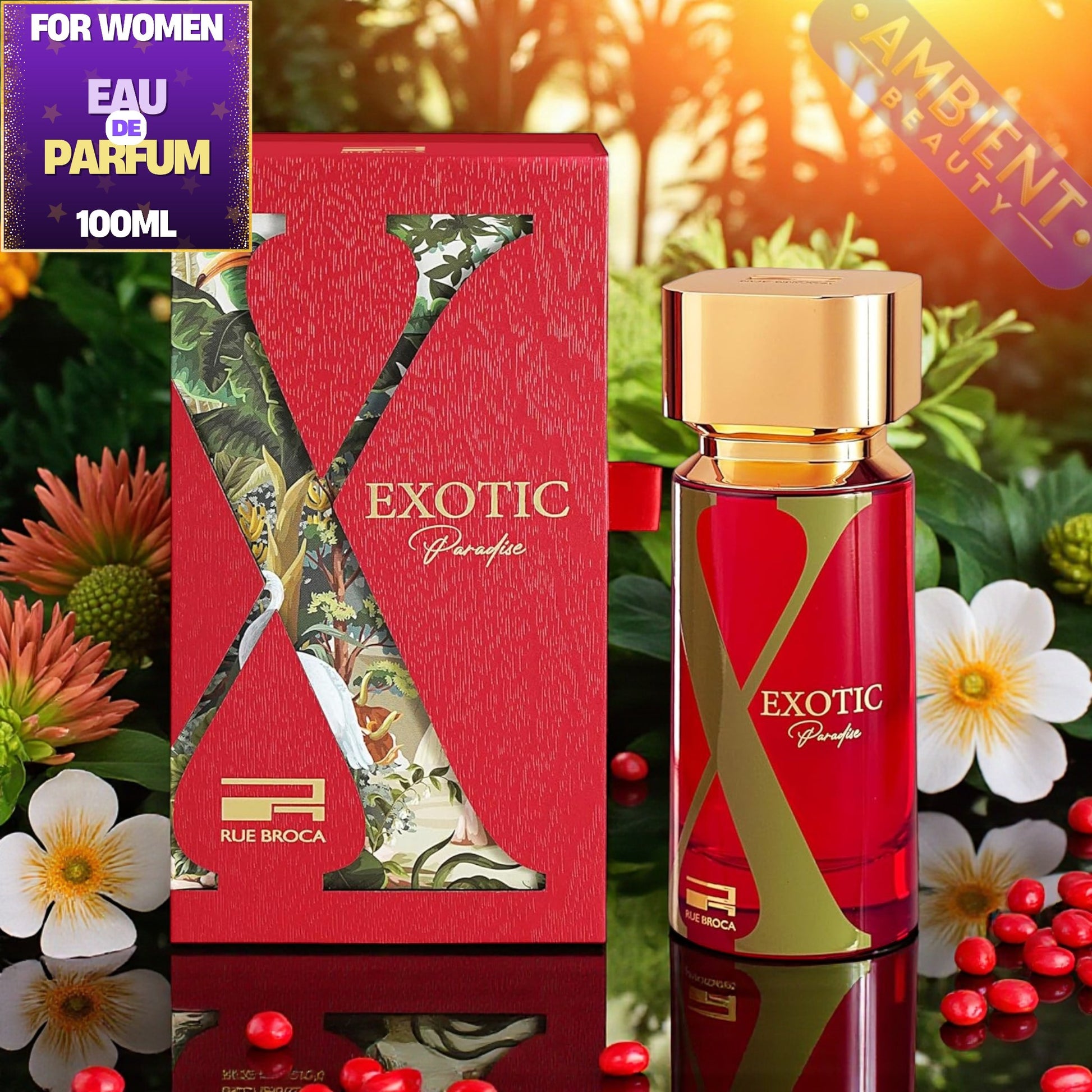 Rue Broca Exotic Paradise perfume bottle and packaging with floral background