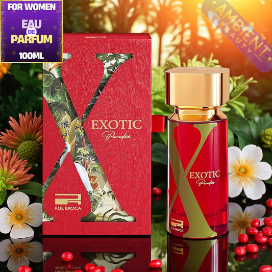 Rue Broca Exotic Paradise perfume bottle and packaging with floral background
