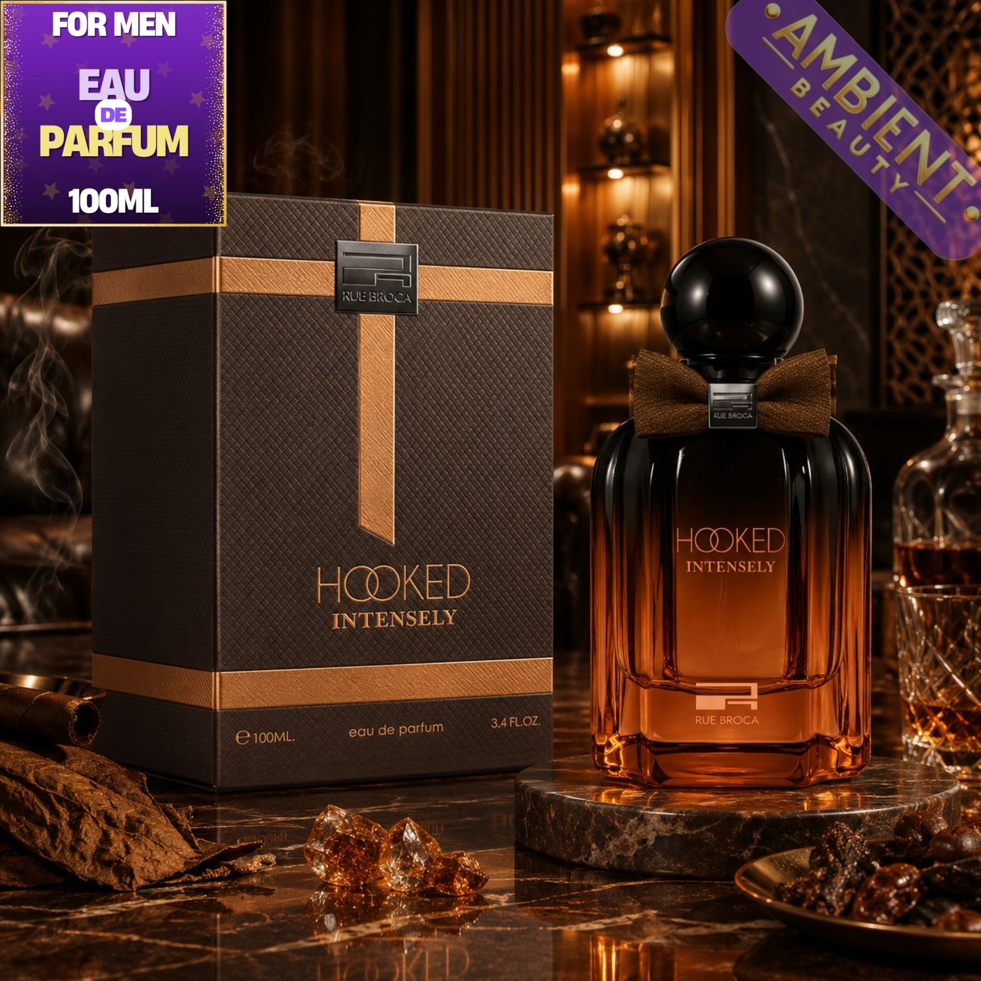 A bottle of Hooked Intensely Eau de Parfum next to its dark brown and gold box, displayed on a polished marble surface with warm, atmospheric background lighting.