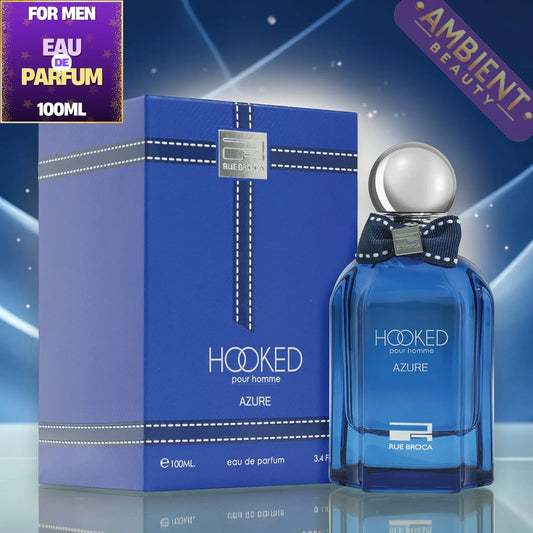 Blue perfume bottle and packaging with 'Hooked Azure' branding on a reflective surface.