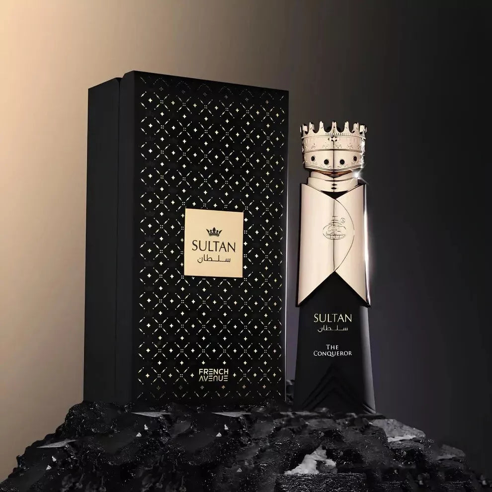 Sultan perfume bottle and packaging on a dark background