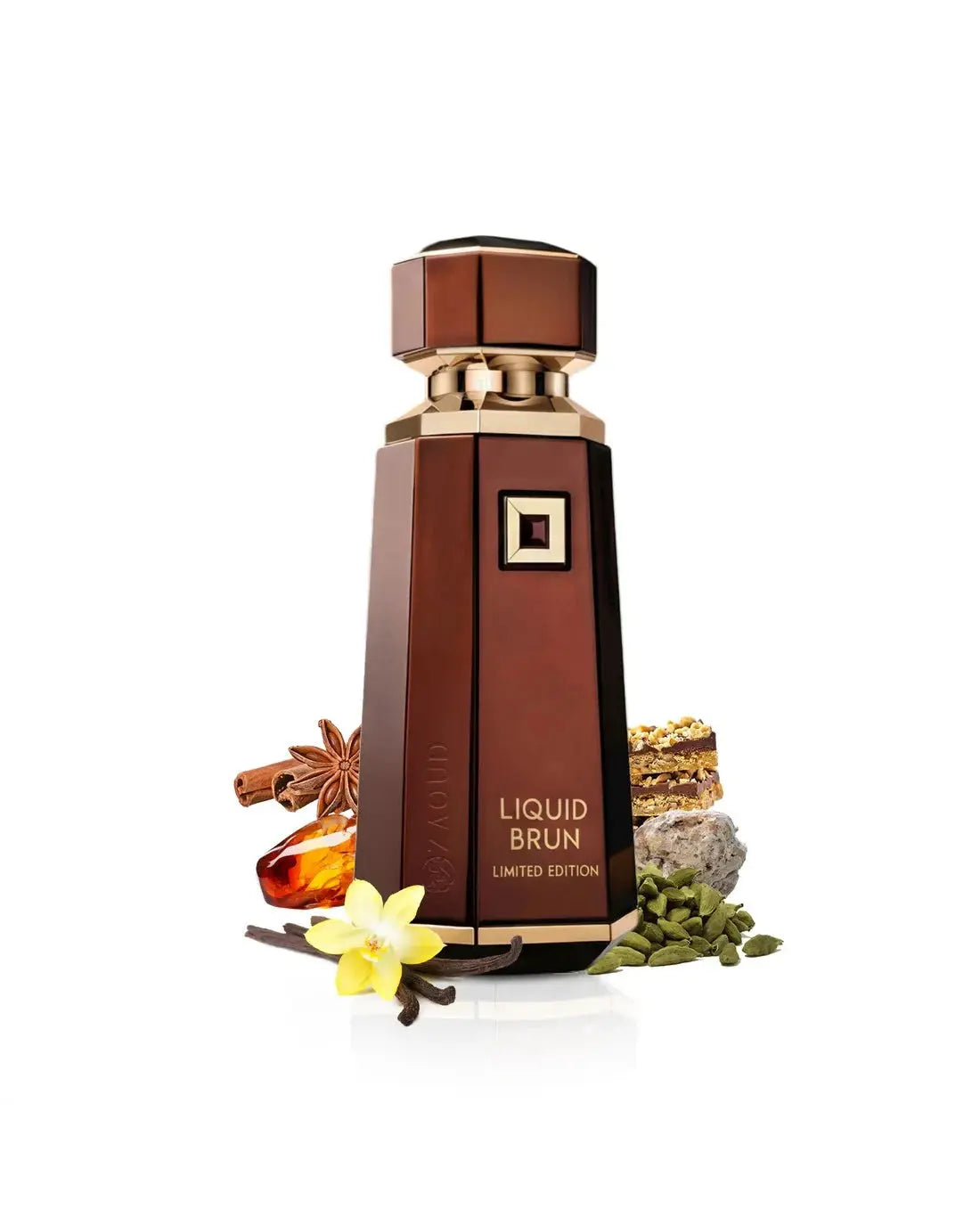 Brown perfume bottle labeled 'Liquid Brun' with decorative elements on a white background
