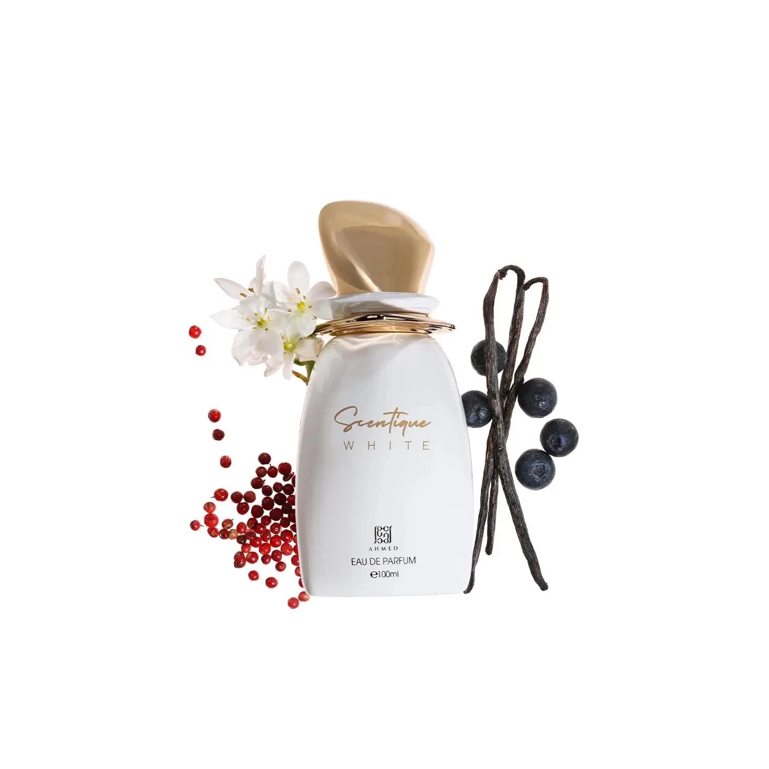 Perfume bottle labeled 'Gaventique White' with vanilla beans and flowers on a white background