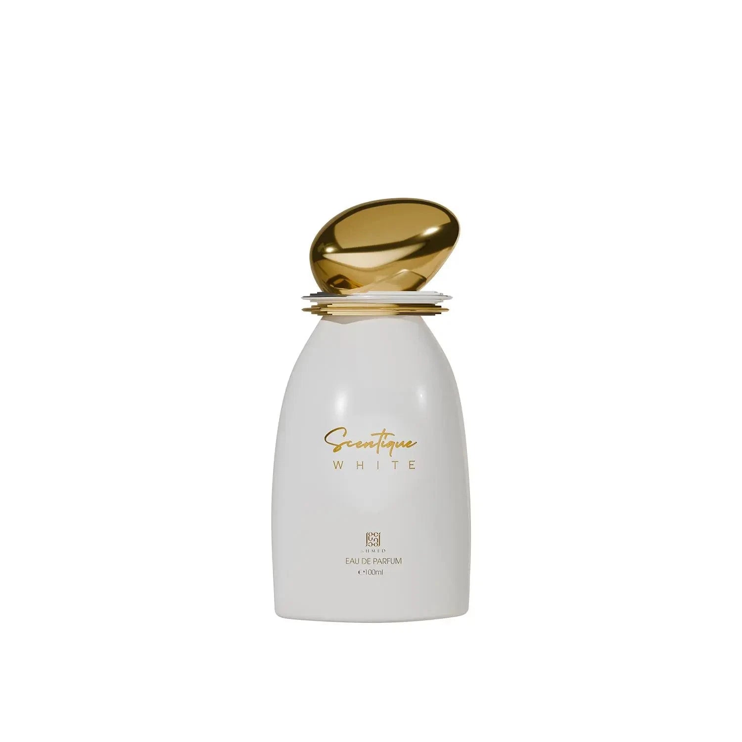 White perfume bottle with gold cap on a white background