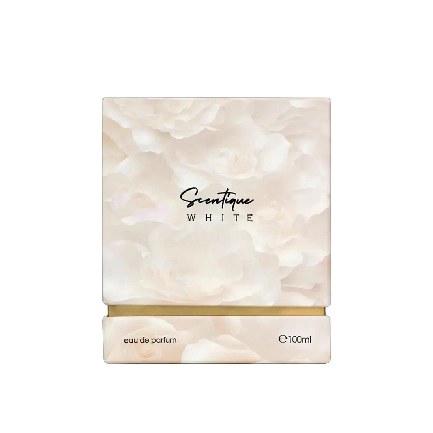 Scentique White Eau de Parfum 100ml box featuring a soft, textured off-white floral rose pattern with a gold band at the base and black text.