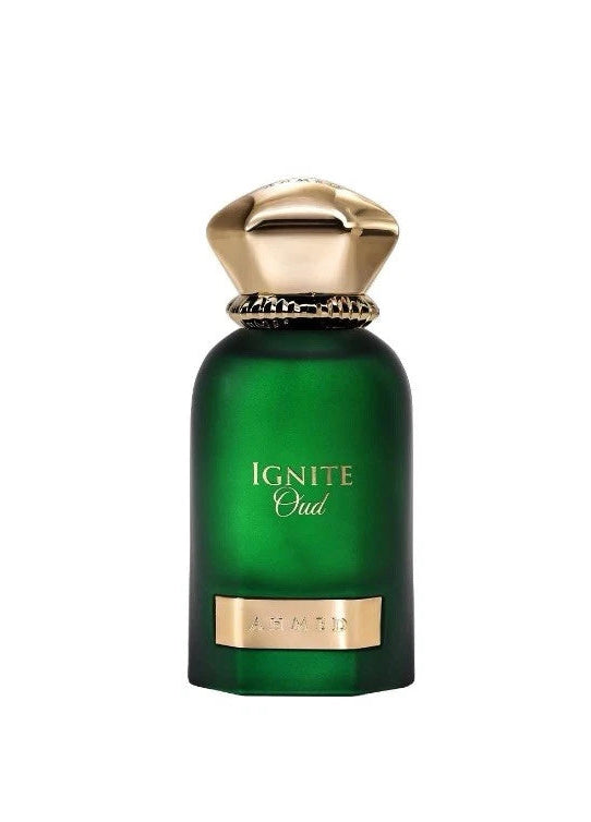 Ahmed Al Maghribi Ignite oud Green perfume bottle with gold cap and 'Ignite' branding on a white background