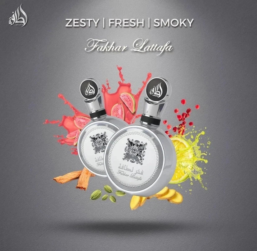 Two silver perfume bottles with colorful splashes and 'Fakhar Platin Lattafa' branding on a gray background.