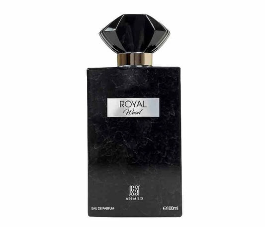 Ahmed Al Maghribi Royal Wood Black perfume bottle with 'Royal Wood' label on a white background