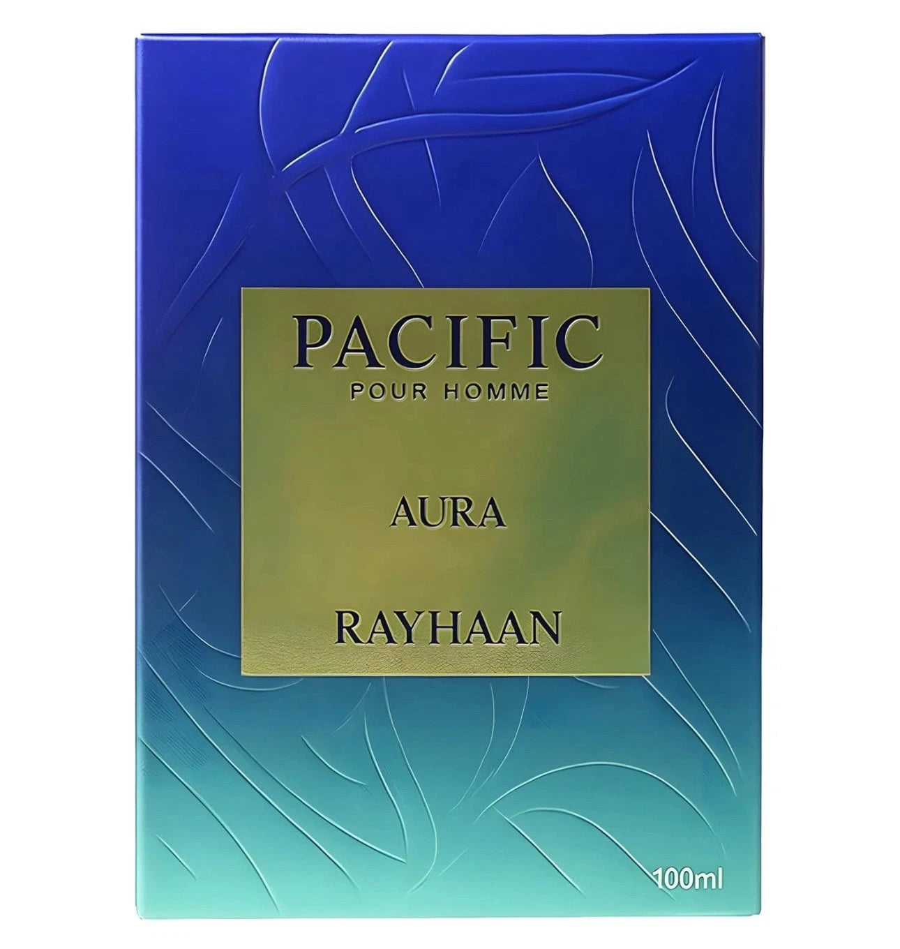 Perfume packaging with 'Pacific Pour Homme Aura Rayhaan' text on a blue and green gradient background