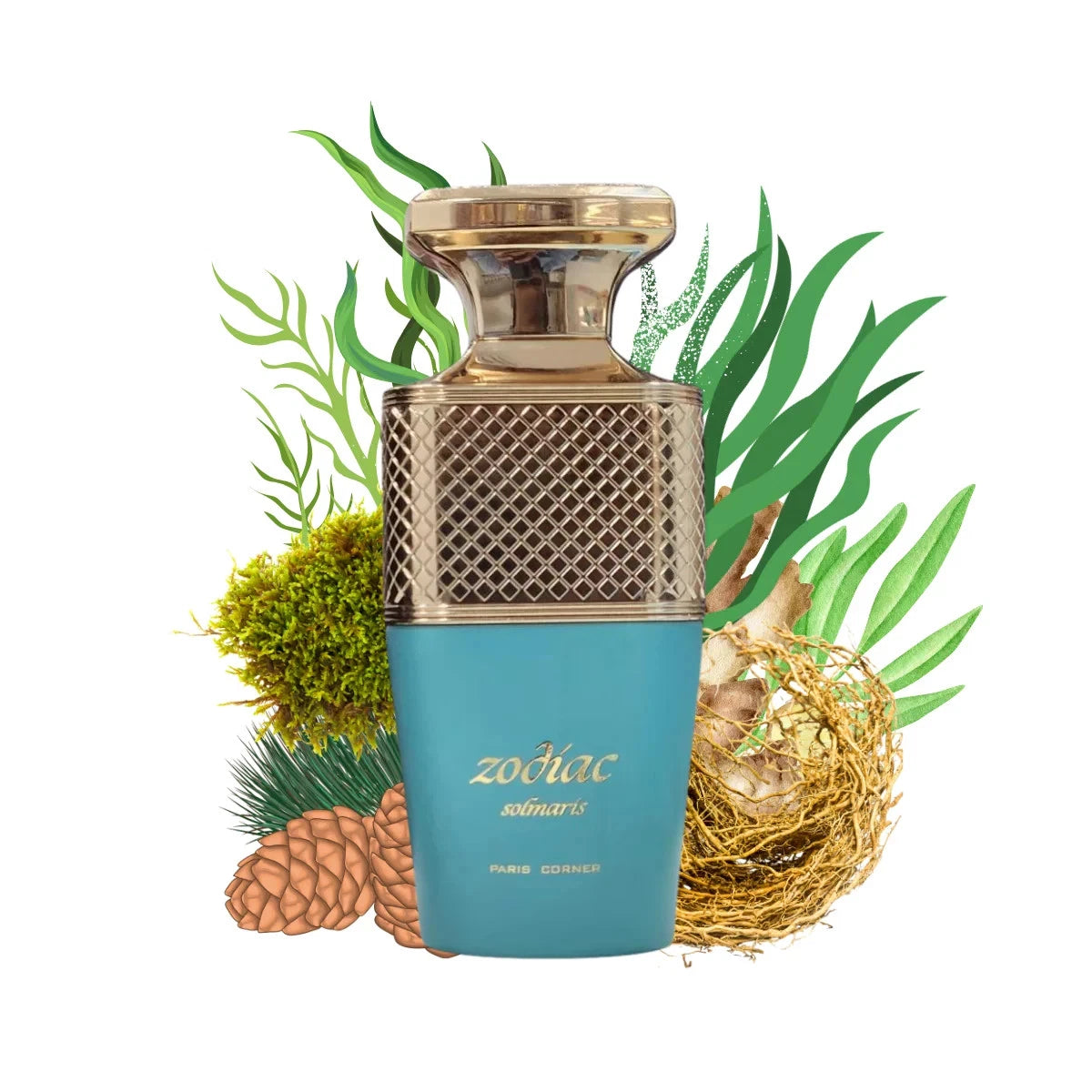 Paris Corner Zodiac Solmaris Blue and gold perfume bottle with natural elements on a white background
