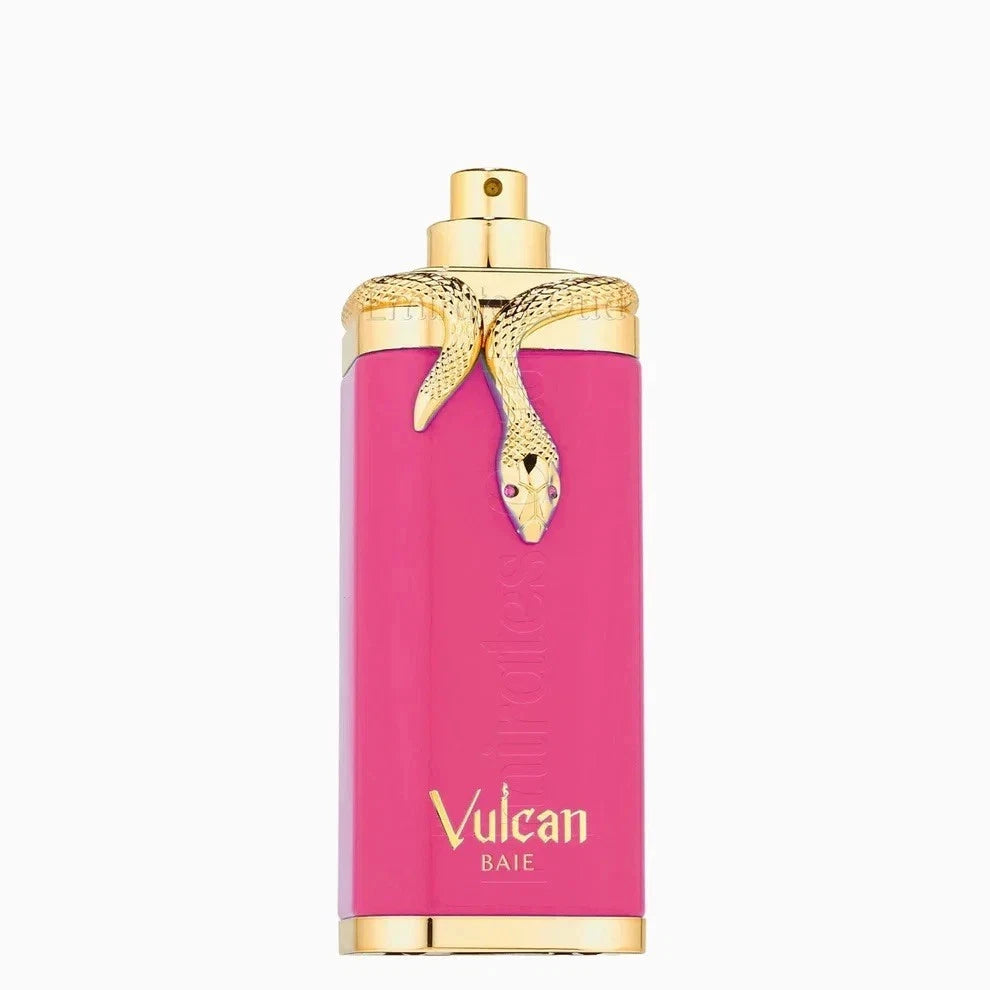 French Avenue Vulcan Baie Pink perfume bottle with gold accents and 'Vulcan' branding on a white background