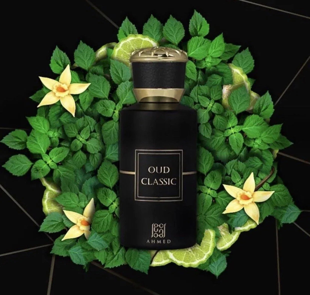 Ahmed Al Maghribi Oud Classic Black and gold perfume bottle labeled 'Oud Classic' surrounded by green leaves and yellow flowers on a black background.