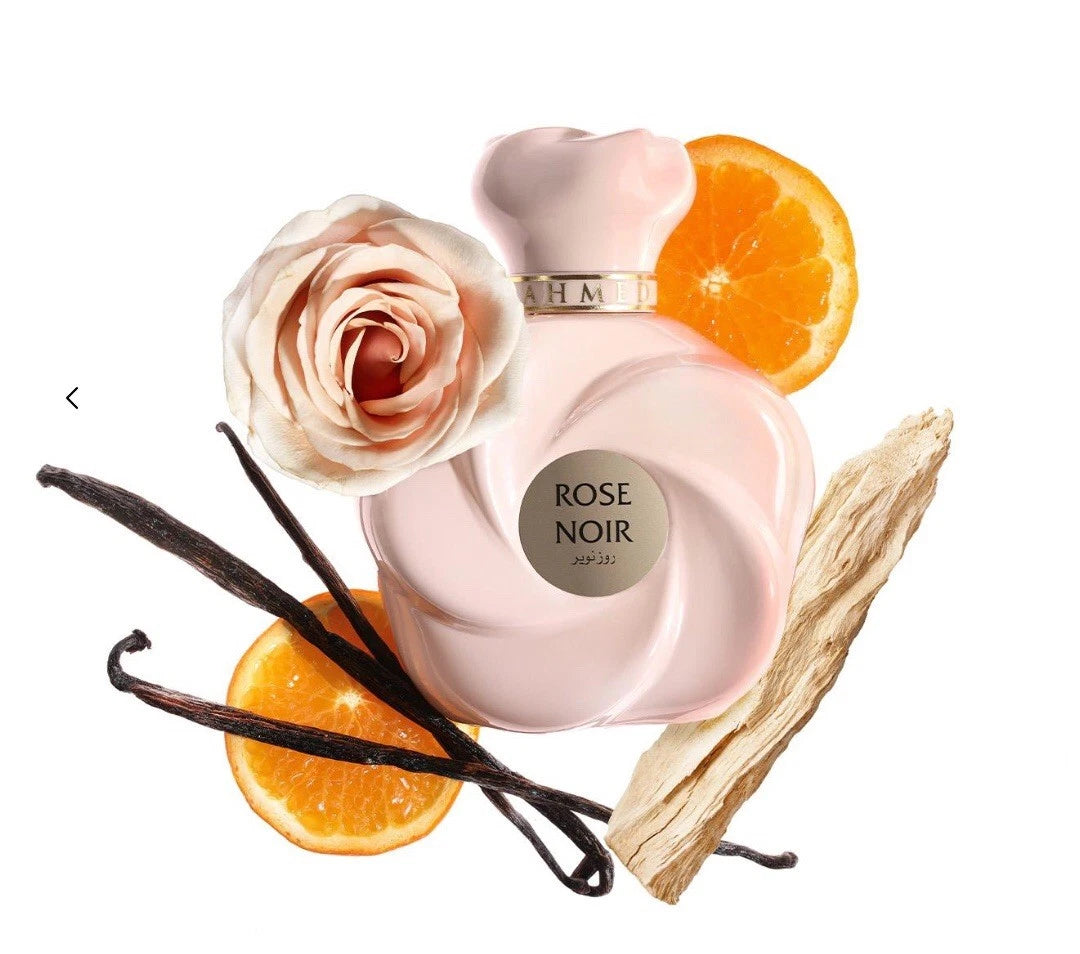 Ahmed Al Maghribi Rose Noir perfume bottle with floral elements on a white background