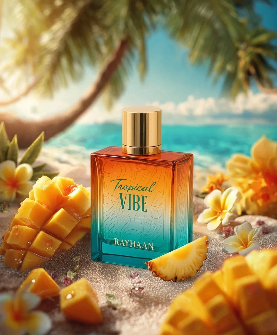 Rayhaan Tropical Vibe Perfume bottle labeled 'Tropical Vibe' by Rayhaan with tropical fruits and flowers on a beach background