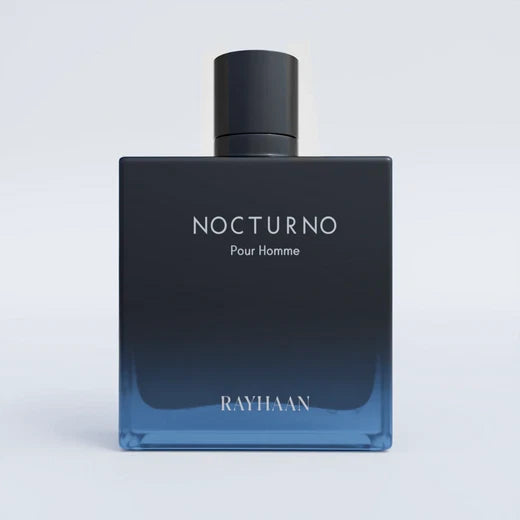 Rayhaan Nocturno Pour Homme Perfume bottle labeled 'Nocturno Pour Homme' by Rayhaan on a light gray background