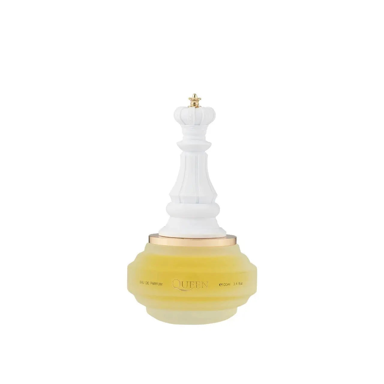 Perfume bottle with white top and yellow base on a white background