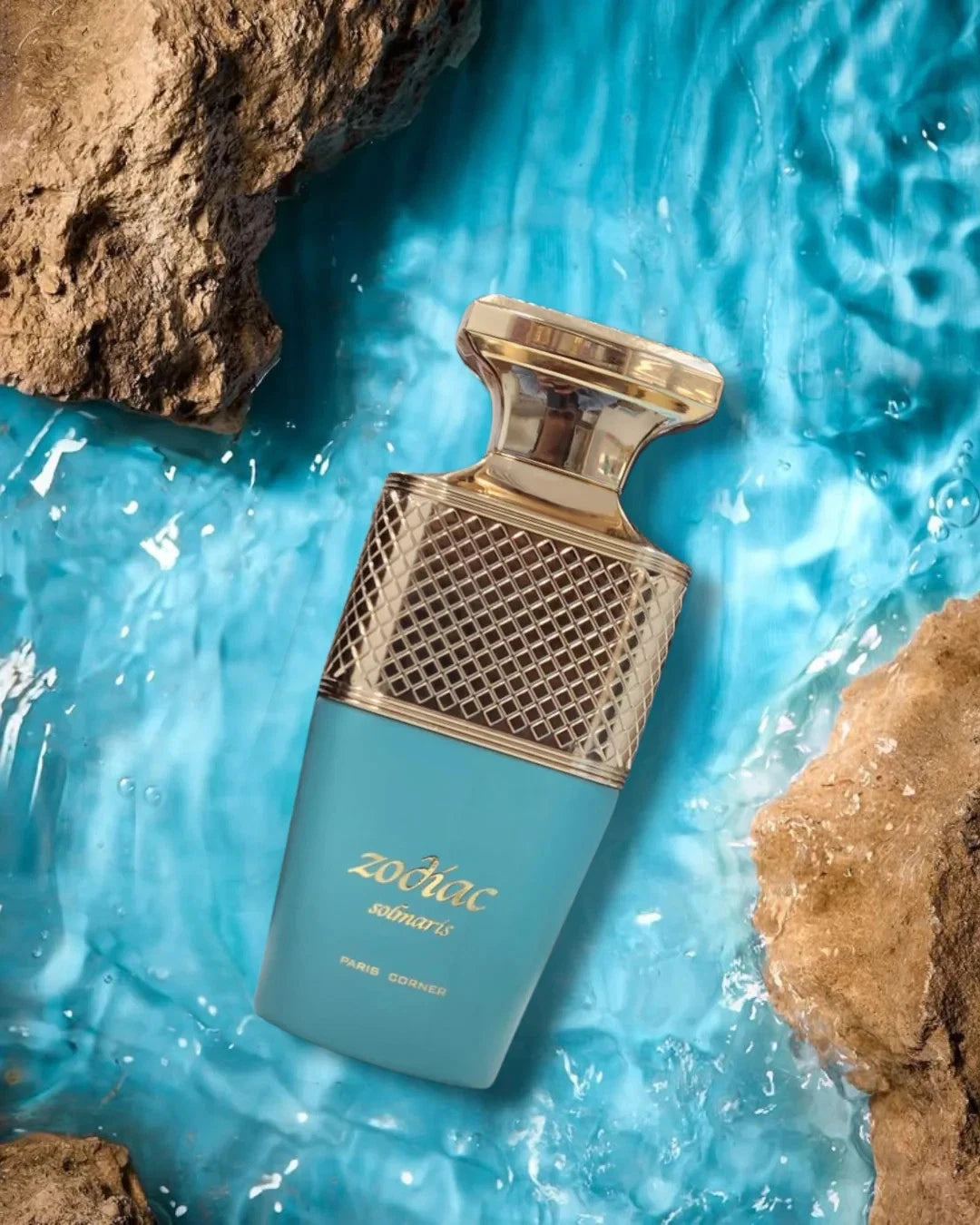 Paris Corner Zodiac Solmaris Blue and gold perfume bottle with 'zoetos' branding on a blue water background